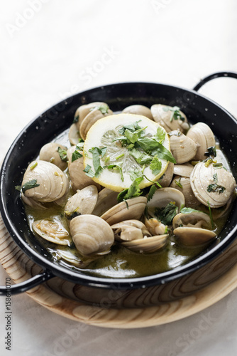 stewed clams in garlic herb and white wine seafood sauce