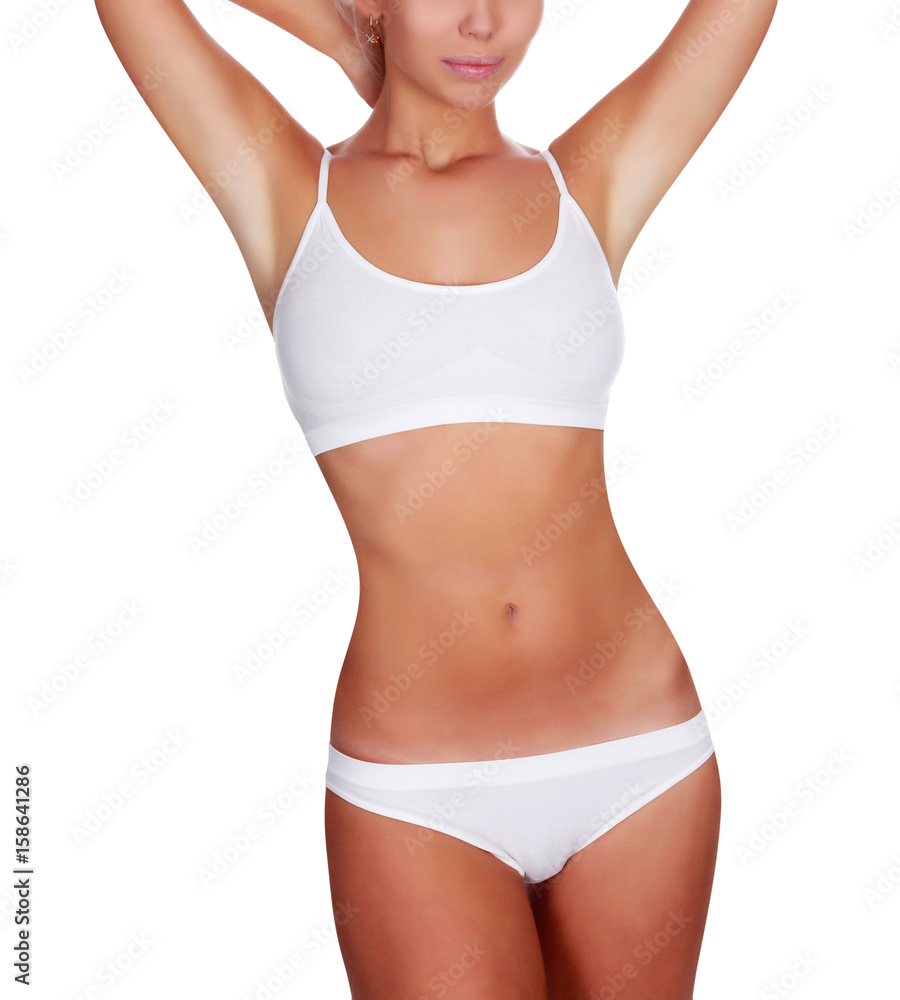 Foto Stock Perfect female body. Beautiful woman in underwear. Isolated on  white background | Adobe Stock