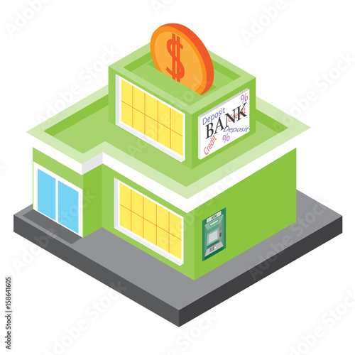 The bank building in an isometric projection. 