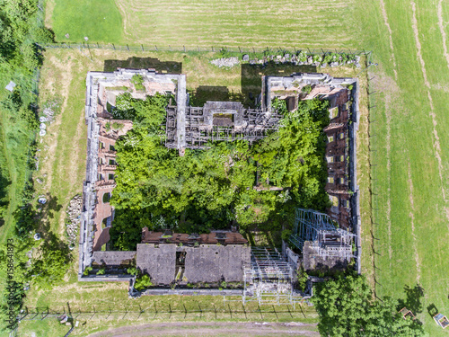 Little Trianon the copy of the Trianon Palace in Floresti Prahova Romania. Top down view from a drone. photo