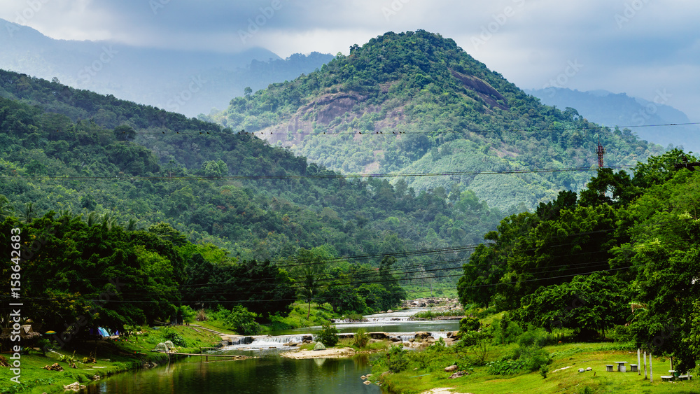the mountains and river at Kiriwong village, Nakorn Sri Thammarat., Thailand.