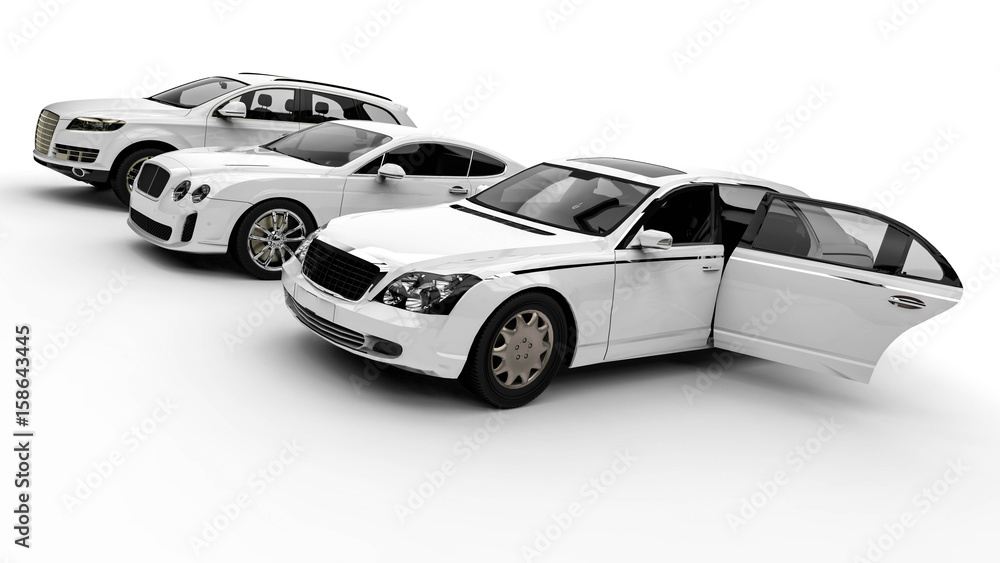 Luxury transportation painted in white / 3D render image representing an luxury car fleet  painted white 