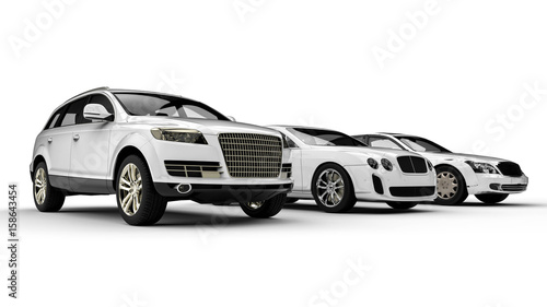 Luxury transportation painted in white / 3D render image representing an luxury car fleet  painted white 