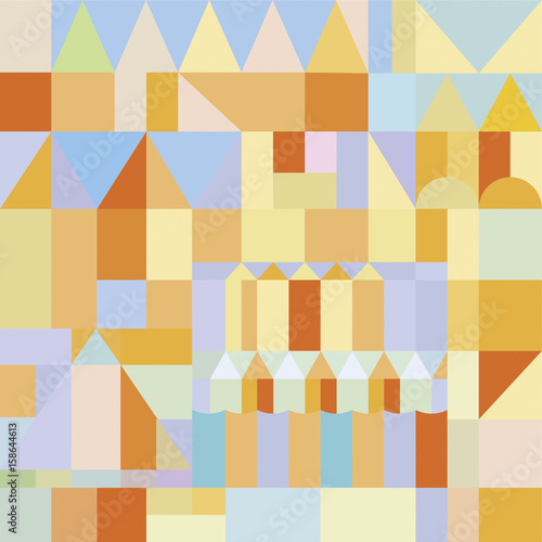 Background Paul Klee, vector illustration geometric patterns. Background with triangles and rectangles in pastel colors. Vector illustration of old city landscape, vitrage.