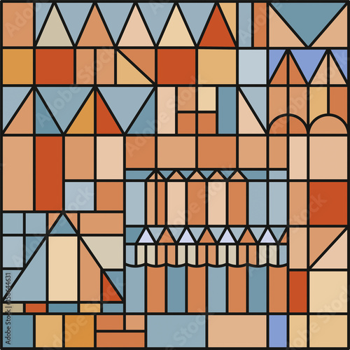 Seamless vector geometric patterns. Background with triangles and rectangles in pastel colors. Vector illustration of old city landscape. Print for wrapping, wallpaper, decor, surface, vitrage.