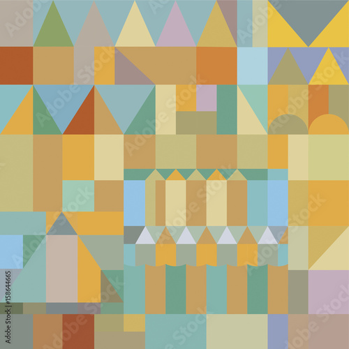 Background Paul Klee, vector illustration geometric patterns. Background with triangles and rectangles in pastel colors. Vector illustration of old city landscape,  vitrage.