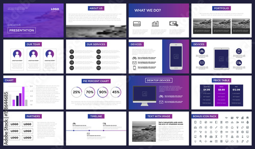 Modern purple and blue presentation template. You can use it presentation, flyer and leaflet, corporate report, marketing, pitch, annual report, catalog.