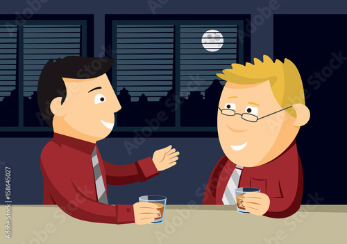 Two men drinking whiskey at the bar. Informal business meeting. Cartoon vector illustration.