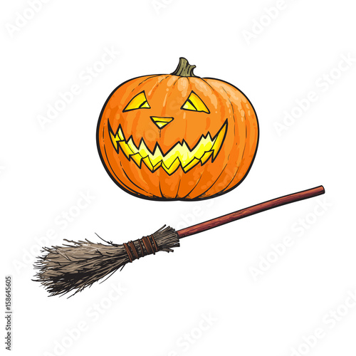 Hand drawn Halloween symbols - pumpkin jack o lantern and old twog broom, sketch vector illustration isolated on white background. Sketch style Halloween pumpkin, jack o lantern and witch broom