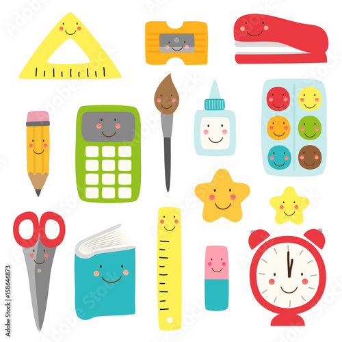 Cute childish Back to School supplies as smiling cartoon characters