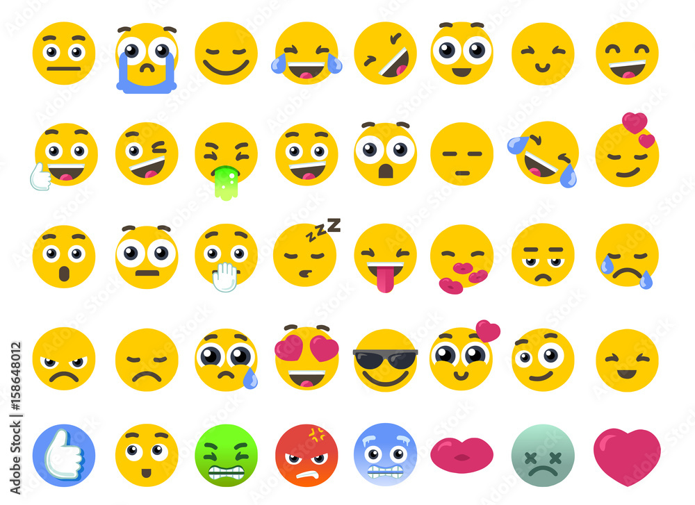 Vecteur Stock Emoji set of isolated on white vector emoticons stickers.  Happy face or like icon as symbol of community chat emotions. Flat  illustration vectorial graphics design. | Adobe Stock