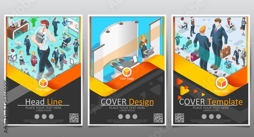 Vector business template set. Brochure layout cover modern design annual report poster A4 flyer with geometric shapes and illustration of 3D flat isometric realistic detailed people