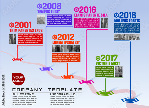 Company milestones path vector infographic plot template for presentations. Flat realistic 3D illustration