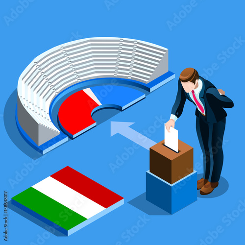 Italy election voting concept Italian man putting vote in the isometric ballot box. Vector illustration with 3D flat isometric realistic detailed vectorial people
