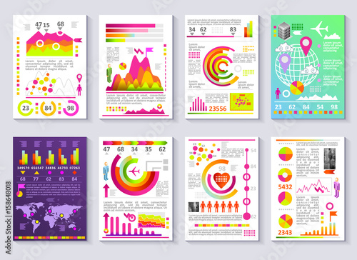 Graphical business company report vector set of templates. Flat 3D modern style charts and graphs detailed illustration