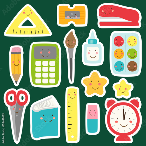 Cute childish Back to School supplies as smiling cartoon characters