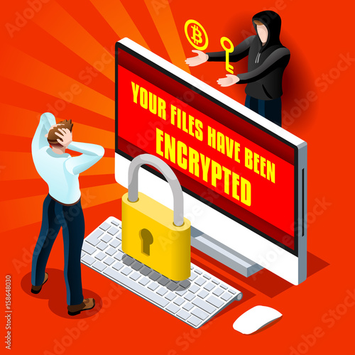Ransomware malware wannacry symbol cyber attack concept computer infection infographic. Vector illustration with 3D flat isometric realistic detailed people