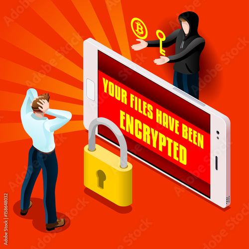Ransomware malware wannacry symbol cyber attack concept smarphone infection infographic. Vector illustration with 3D flat isometric realistic detailed people