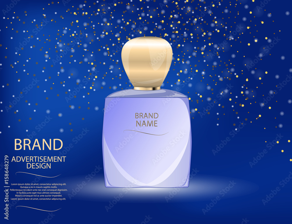 Glamorous perfume glass bottle on the sparkling effects background. Mock-up 3D Realistic Vector illustration