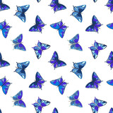 Seamless pattern with blue butterflies on a white background, vector
