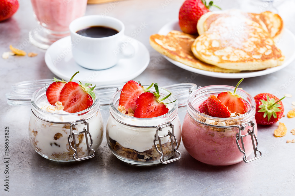 Healthy breakfast with natural greek yogurt, muesli and berries Healthy breakfast with natural greek yogurt, muesli and berries