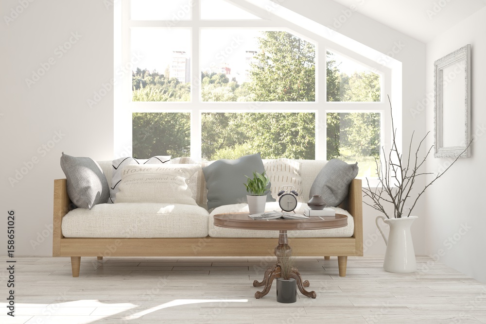 Fototapeta premium White room with sofa and green landscape in window. Scandinavian interior design. 3D illustration