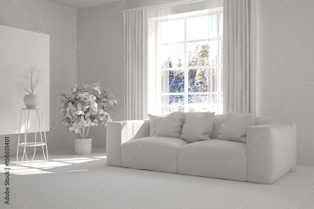 Naklejka premium White room with sofa. Scandinavian interior design. 3D illustration