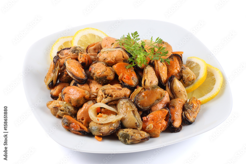 marinated mussels in white plate isolated on white background marinated mussels in white plate isolated on white background
