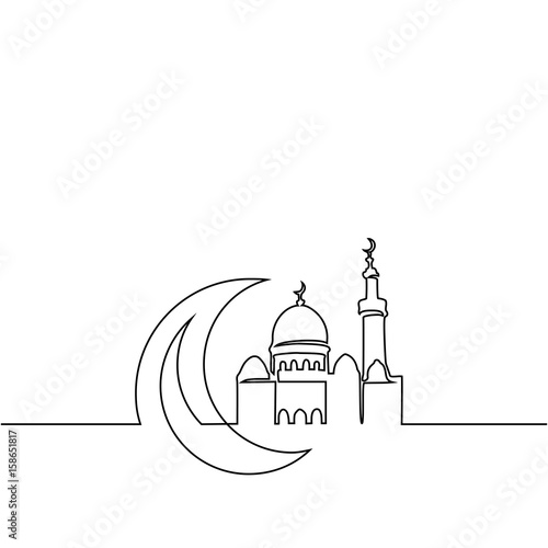 Continuous line drawing of mosque with moon. Vector illustration