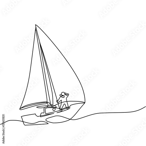 Continuous line drawing of sailboat with captain. Business icon. Vector illustration