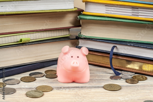Pink piggy bank with books and coins on wooden background. Concept of funding education.