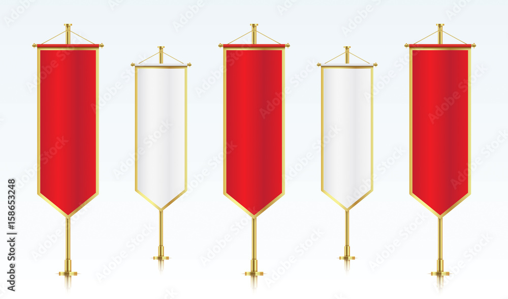 Five red and white vertical royal flags, standing in a row. Banner flag