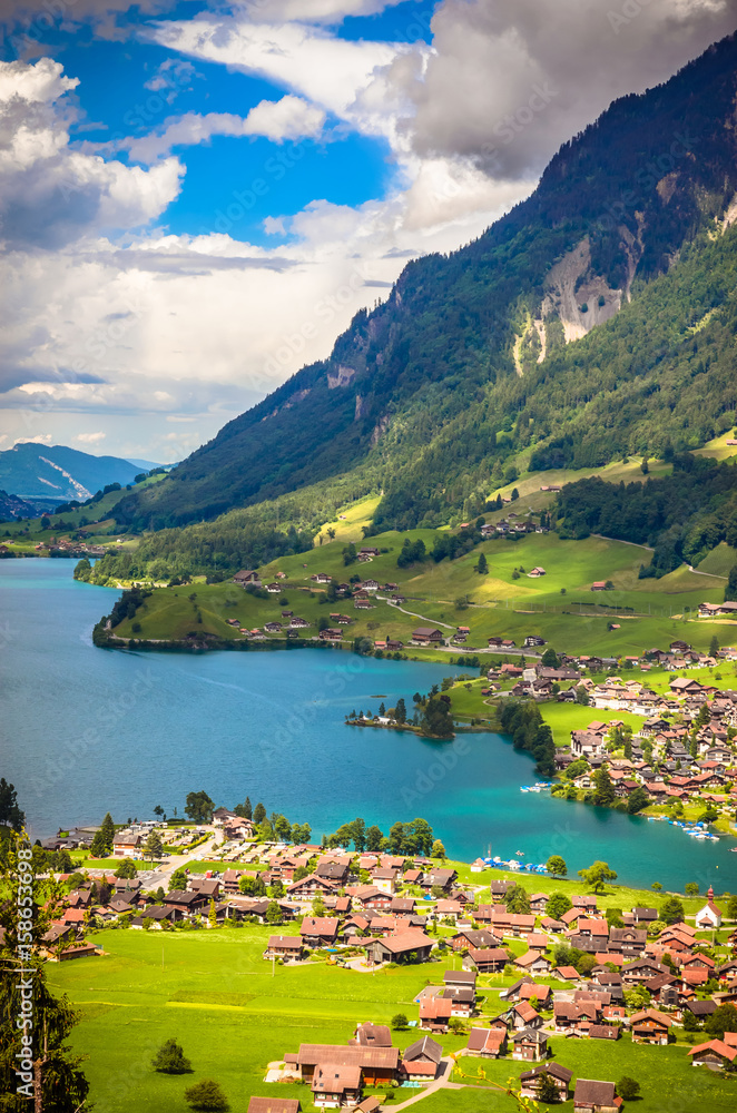Aerial view on Lungernsee lake near Luzern, Switzerland, Europe