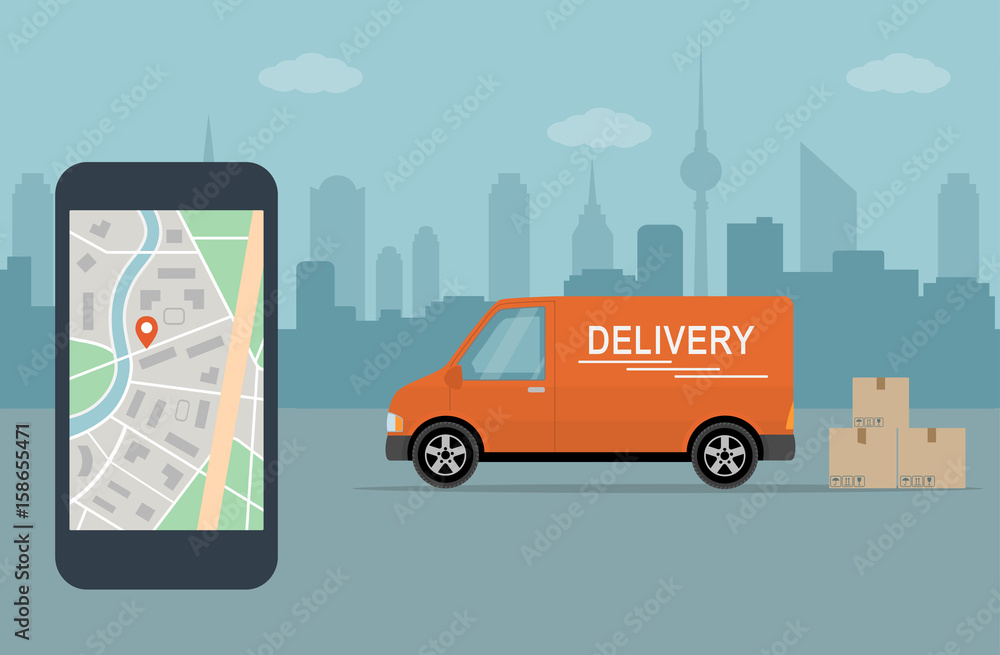 Delivery service app on mobile phone. Delivery van and mobile phone with map on city background. Flat style vector illustration.
Delivery service app on mobile phone. Delivery van and mobile phone with map on city background. Flat style vector illustration.
