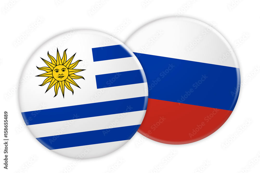 Fototapeta premium News Concept: Uruguay Flag Button On Russia Flag Button, 3d illustration on white background