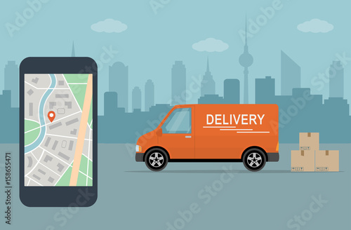 Delivery service app on mobile phone. Delivery van and mobile phone with map on city background. Flat style vector illustration. 