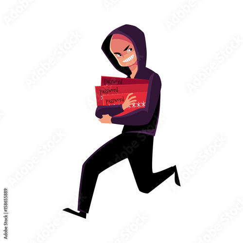 Hacker in black disguise running away, credit card fraud, theft concept, cartoon vector illustration isolated on white background. Illustration of credit card fraud, theft with hacker running away