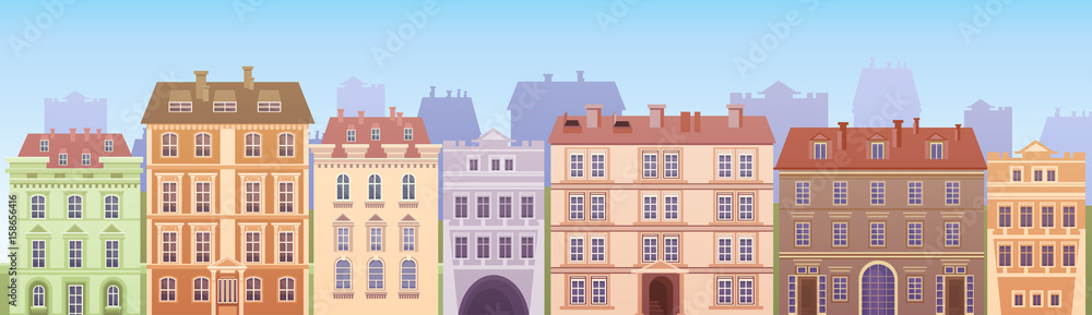 Fototapeta premium Cartoon Houses Buildings Old Town View Banner Skyline Flat Vector Illustration
