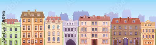 Cartoon Houses Buildings Old Town View Banner Skyline Flat Vector Illustration