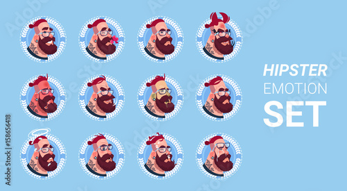 Profile Icon Male Emotion Avatar Set , Hipster Man Cartoon Portrait Faces Collection Flat Vector Illustration