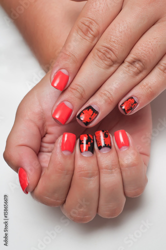 Red manicure. Red moon manicure. Square nails. Cracked nails on white background. Holiday manicure. Summer bright manicure. 