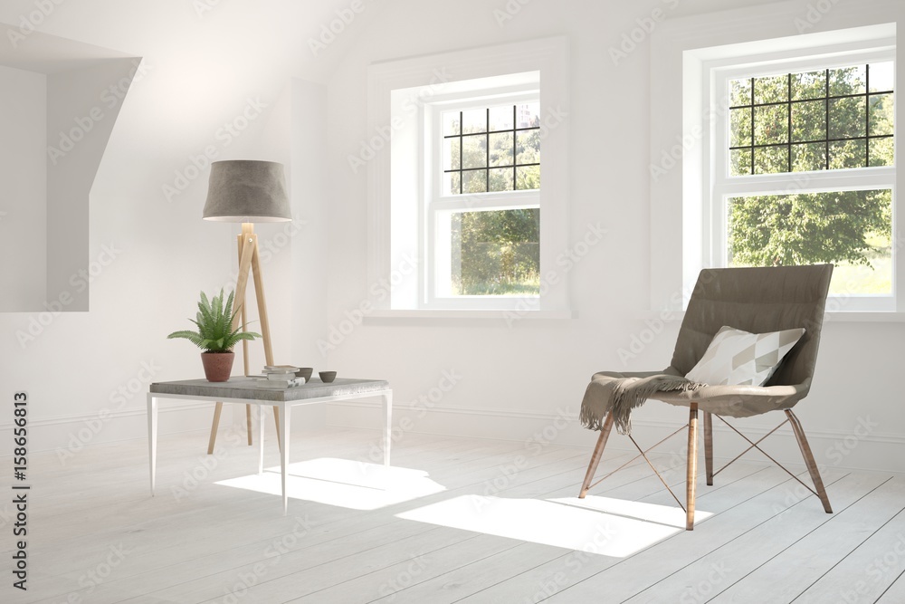 Fototapeta premium White room with armchair and green landscape in window. Scandinavian interior design. 3D illustration