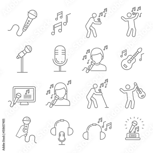 Set of singing Related Vector Line Icons. Includes such Icons as singer, music, musical notes, microphone, concert, Opera, guitar, headphones, karaoke