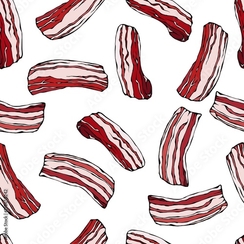 Pork Bacon Seamless. Isolated On a White Background. Realistic Doodle Cartoon Style Hand Drawn Sketch Vector Illustration. Food Pattern.