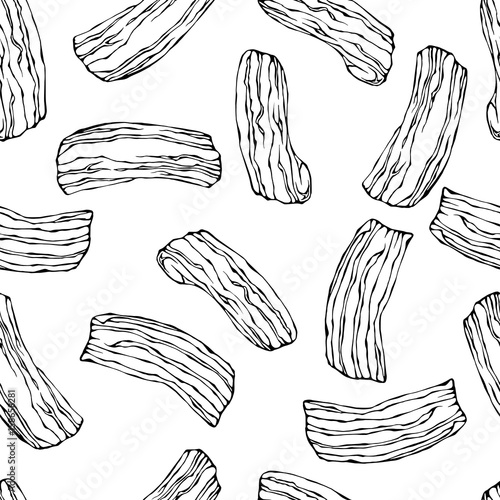 Pork Bacon Seamless. Isolated On a White Background. Realistic Doodle Cartoon Style Hand Drawn Sketch Vector Illustration. Food Pattern.