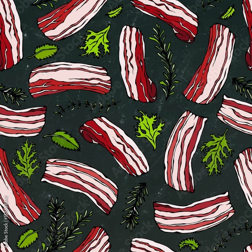 Pork Bacon and Herbs Seamless. Isolated on a Black Chalkboard Background. Realistic Doodle Cartoon Style Hand Drawn Sketch Vector Illustration. Food Pattern.