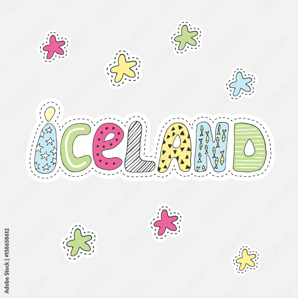 Hand drawn cartoon Iceland set vector illustration label in patch style. Embroidery, sticker or pin