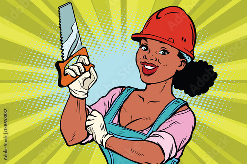 Construction worker with saw. Woman professional