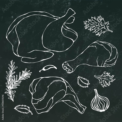 Chicken or Turkey Body Parts Set. Fowl Meat Fillets, Ham, Shank with Skin and Herbs. Isolated on a Black Chalkboard Background. Realistic Doodle Cartoon Style Hand Drawn Sketch Vector Illustration.