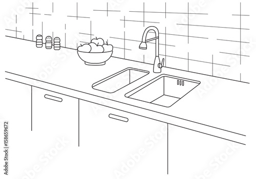 Kitchen sink. Kitchen worktop with sink in line style. Vector illustration in a linear style.